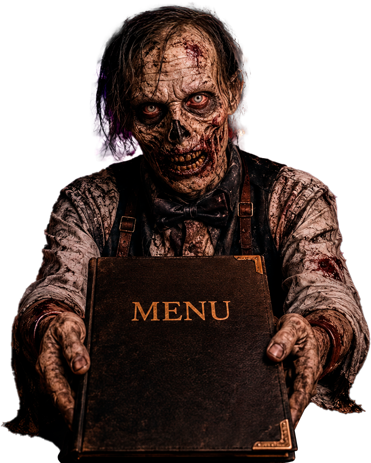 Garçom zumbi entregando o menu Dead Burger